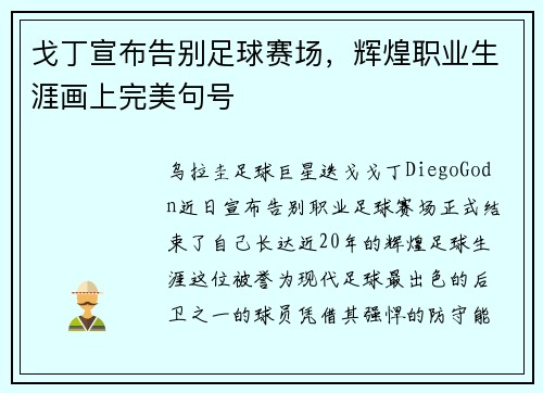 戈丁宣布告别足球赛场，辉煌职业生涯画上完美句号